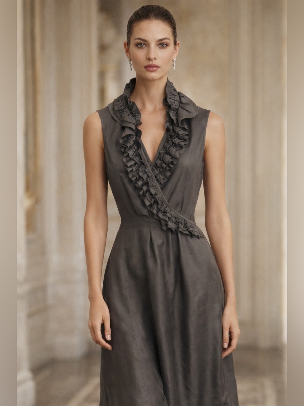ETRO Made in Italy Ruffle Trim Sleeveless Dress Gray Size 44
